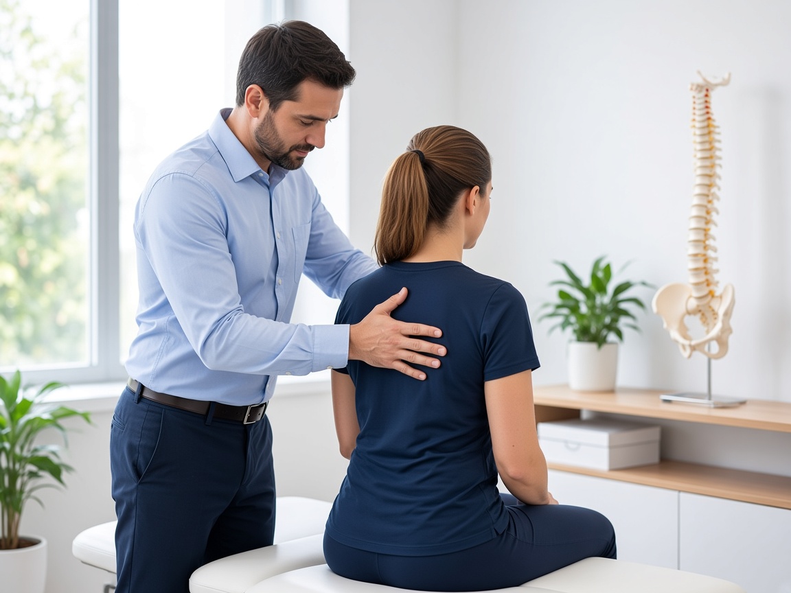 Chiropractor assessing a patient's upper back beside a spine model