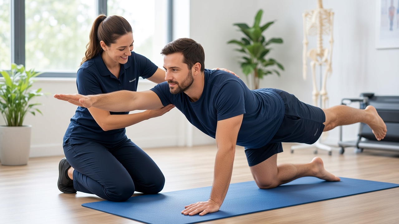 Therapist coaching a patient through a core stability exercise