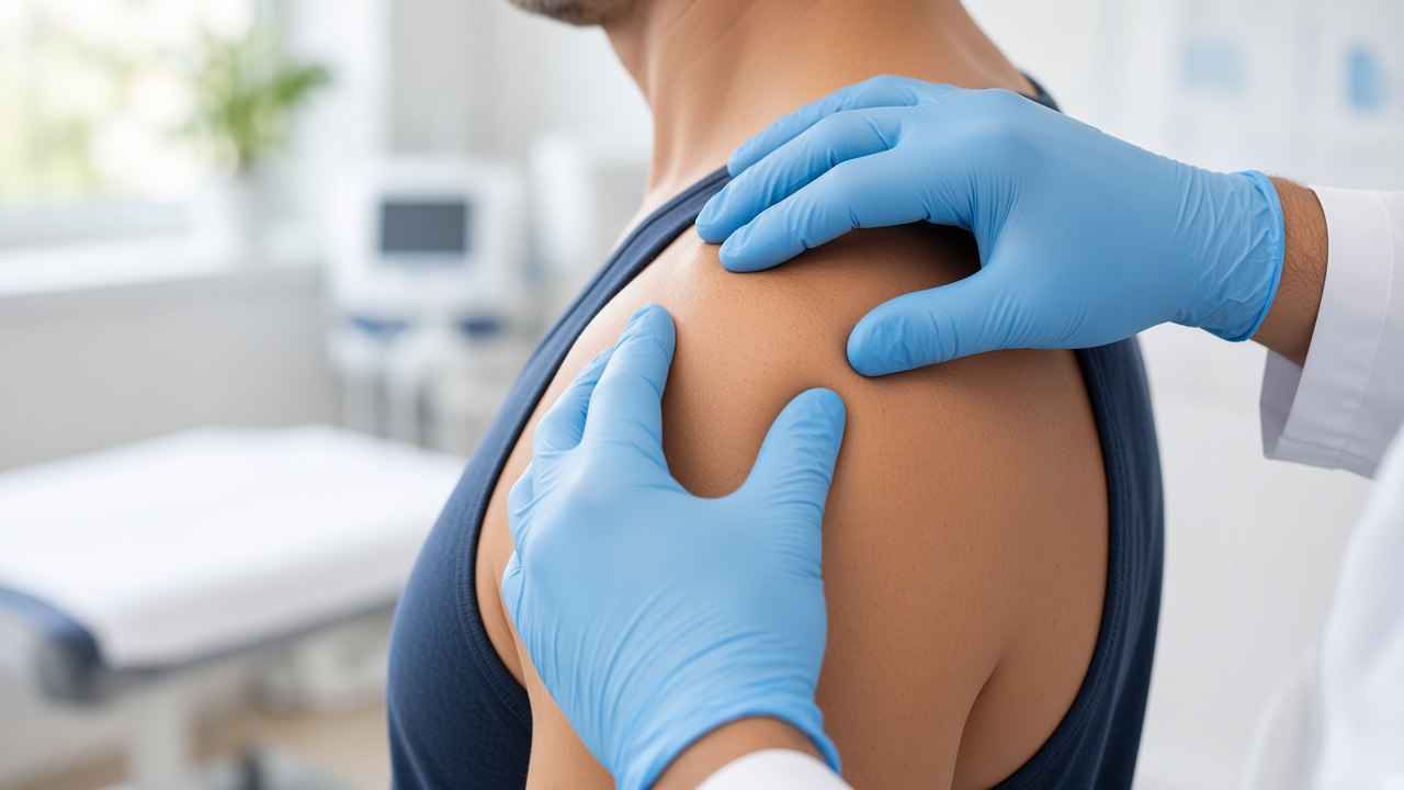 Clinician assessing a patient's shoulder