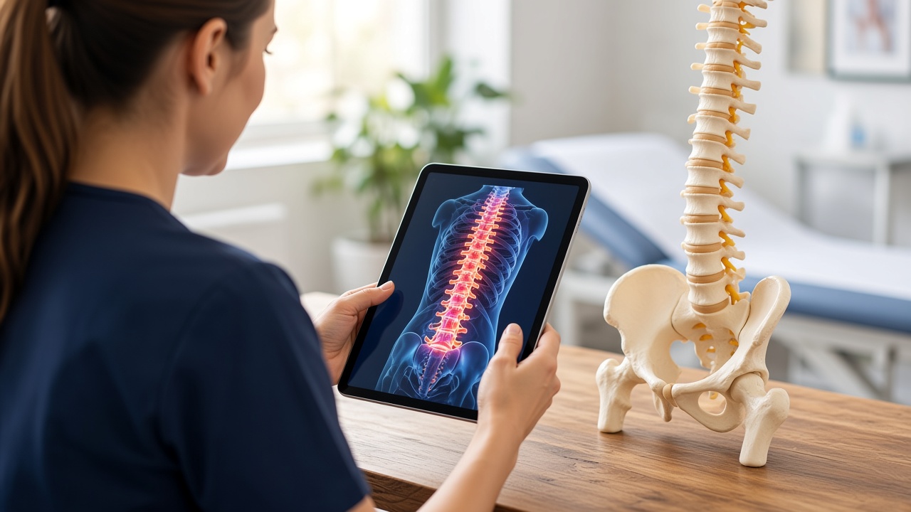 Clinician comparing a spine model with an anatomical image on a tablet
